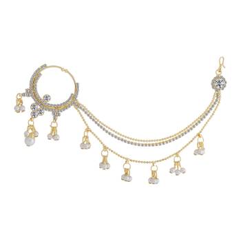 Traditional Gold Plated Diamond Studded Pearl Drop Designer Wedding Nose Ring For Girls And Women Jewellery 2