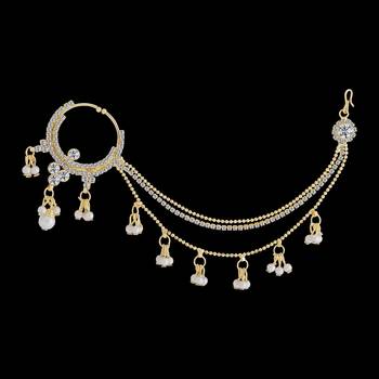 Traditional Gold Plated Diamond Studded Pearl Drop Designer Wedding Nose Ring For Girls And Women Jewellery 3