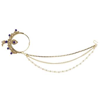 Traditional Gold Plated Blue Stone Diamond Studded Designer Wedding Nose Ring For Girls And Women Jewellery 2
