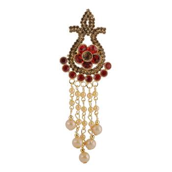 Traditional Gold Plated Antique Red Colour Diamond Studded Pearl Drop Designer Wedding Brooch For Unisex Jewellery 2