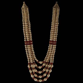 Exclusive Golden Moti And Maroon Stone Groom Mala For Sherwani Men'S Jewellery 2