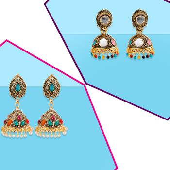 Partywear Traditional Multi Colour Jumkha Earrings Combo Set Pair Of 2 For Girls And Women Jewellery 2