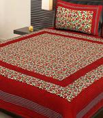 Red Cotton Printed Jaipuri Double Bedsheet with 2 Pillow Covers
