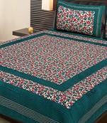 Sea green Cotton Printed Jaipuri Double Bedsheet with 2 Pillow Covers