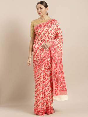 Cream Woven Cotton Poly Saree With Blouse 1