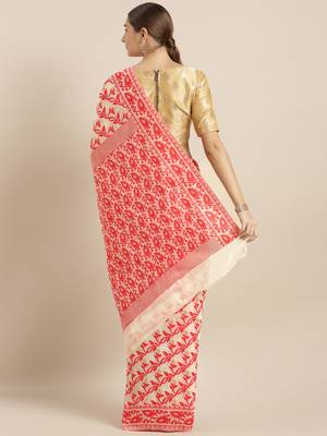 Cream Woven Cotton Poly Saree With Blouse 2