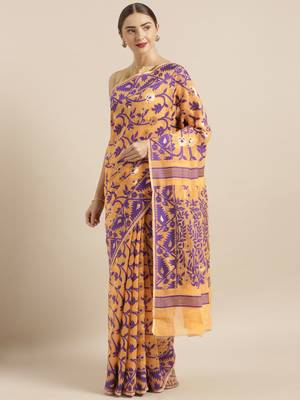 Orange Woven Cotton Poly Saree With Blouse 1