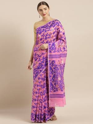 Pink Woven Cotton Poly Saree With Blouse 1