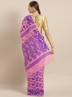 Pink Woven Cotton Poly Saree With Blouse 2