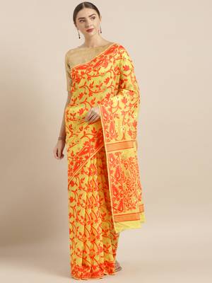 Yellow Woven Cotton Poly Saree With Blouse 1