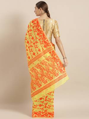 Yellow Woven Cotton Poly Saree With Blouse 2