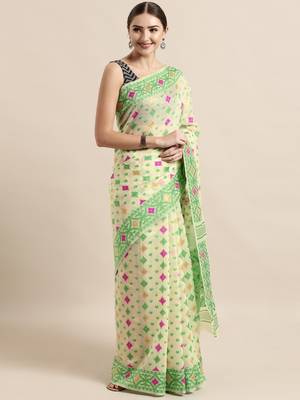 Cream Woven Cotton Poly Saree With Blouse 1