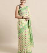 Cream Woven Cotton Poly Saree With Blouse