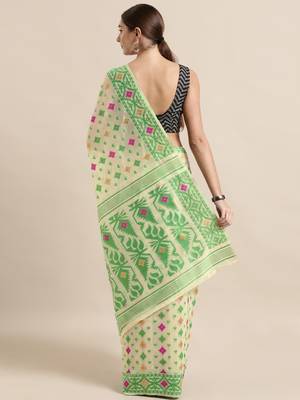 Cream Woven Cotton Poly Saree With Blouse 2
