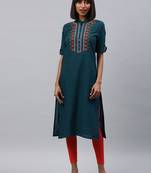 Navy-blue embroidered cotton ethnic-kurtis