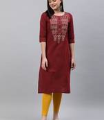 Maroon embroidered cotton ethnic-kurtis