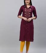 Maroon embroidered cotton ethnic-kurtis