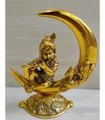 Golden Oxidized Antique Look Metallic Krishna Idol Playing With Flute Sitting On A Moon