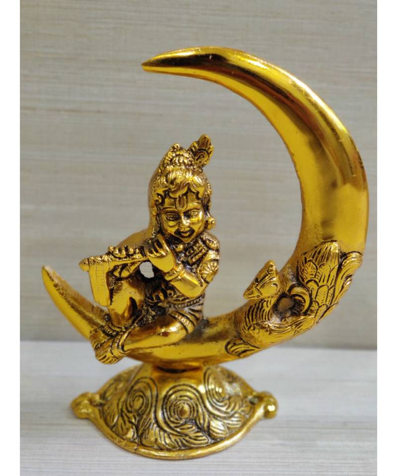 Golden Oxidized Antique Look Metallic Krishna Idol Playing With Flute Sitting On A Moon
