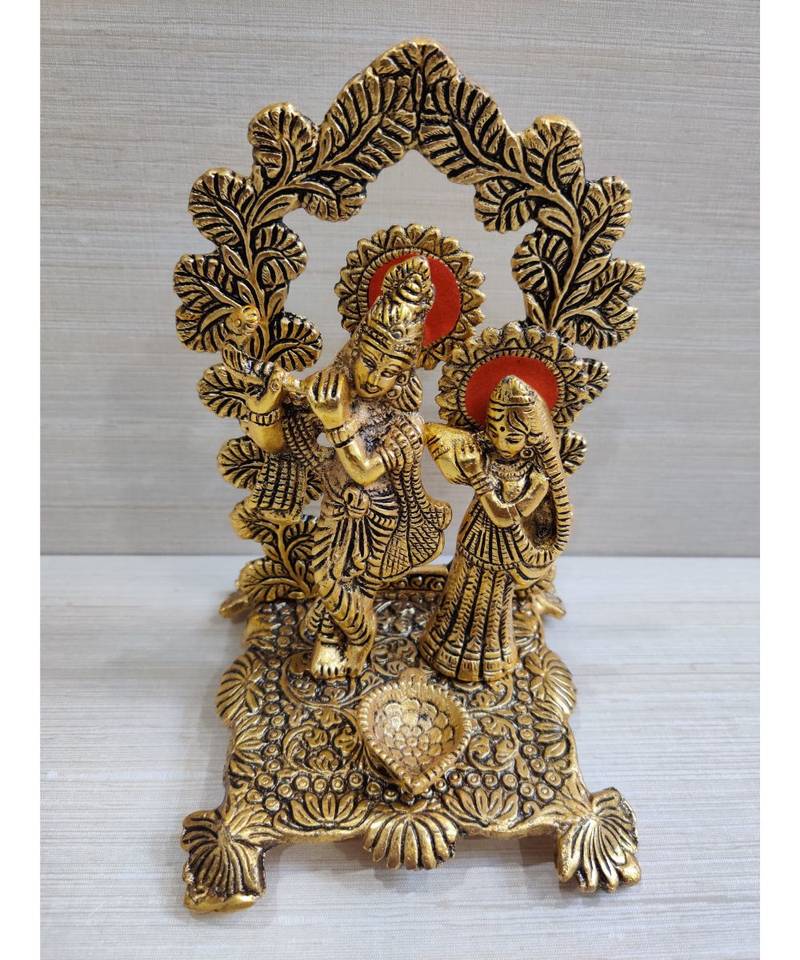 Golden Oxidized Antique Look Metallic Radha Krishna Darbar Idol With Diya In Front