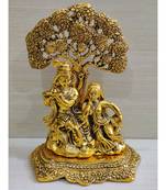 Golden Oxidized Antique Look Metallic Lord Radha Krishna Idol Sitting Under Classic Style Tree