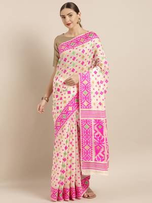 Cream Woven Cotton Poly Saree With Blouse 1