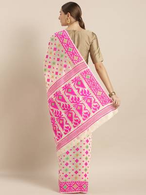 Cream Woven Cotton Poly Saree With Blouse 2