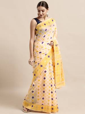 Cream Woven Cotton Poly Saree With Blouse 1