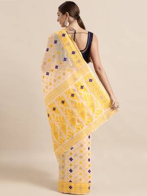 Cream Woven Cotton Poly Saree With Blouse 2