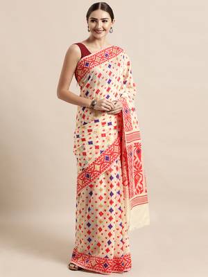 Cream Woven Cotton Poly Saree With Blouse 1