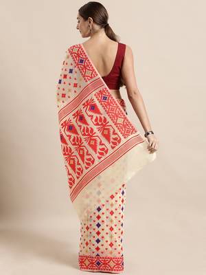 Cream Woven Cotton Poly Saree With Blouse 2