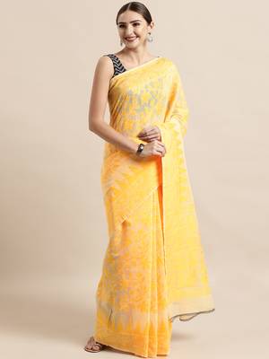 Cream Woven Cotton Poly Saree With Blouse 1