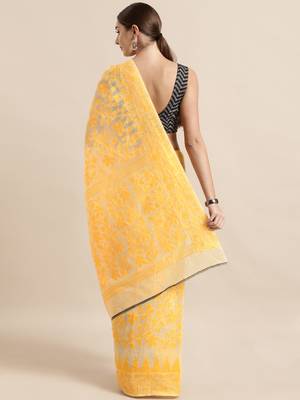 Cream Woven Cotton Poly Saree With Blouse 2