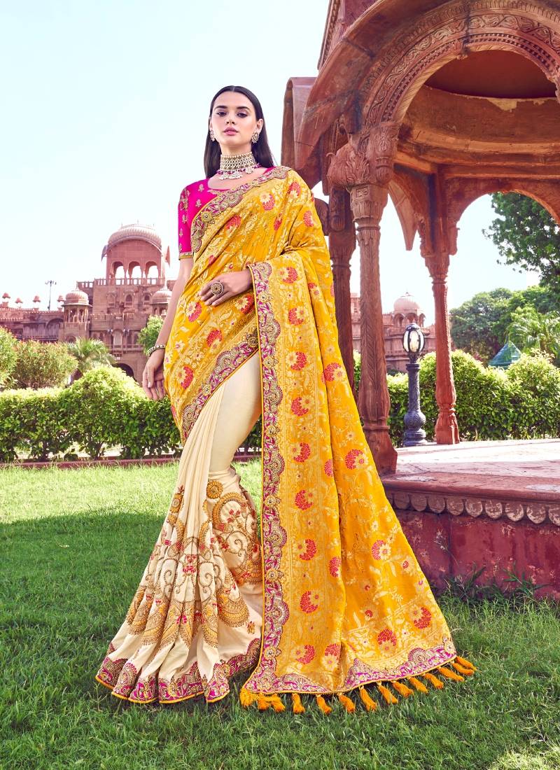 Yellow Embroidered Silk Saree main image 0