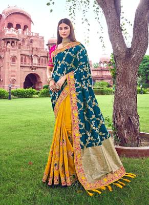 Teal embroidered silk saree with blouse 1