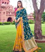 Teal embroidered silk saree with blouse