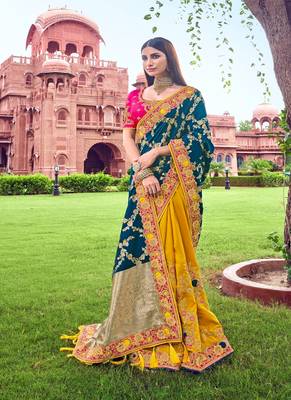 Teal embroidered silk saree with blouse 2