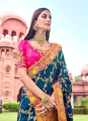 Teal embroidered silk saree with blouse 3