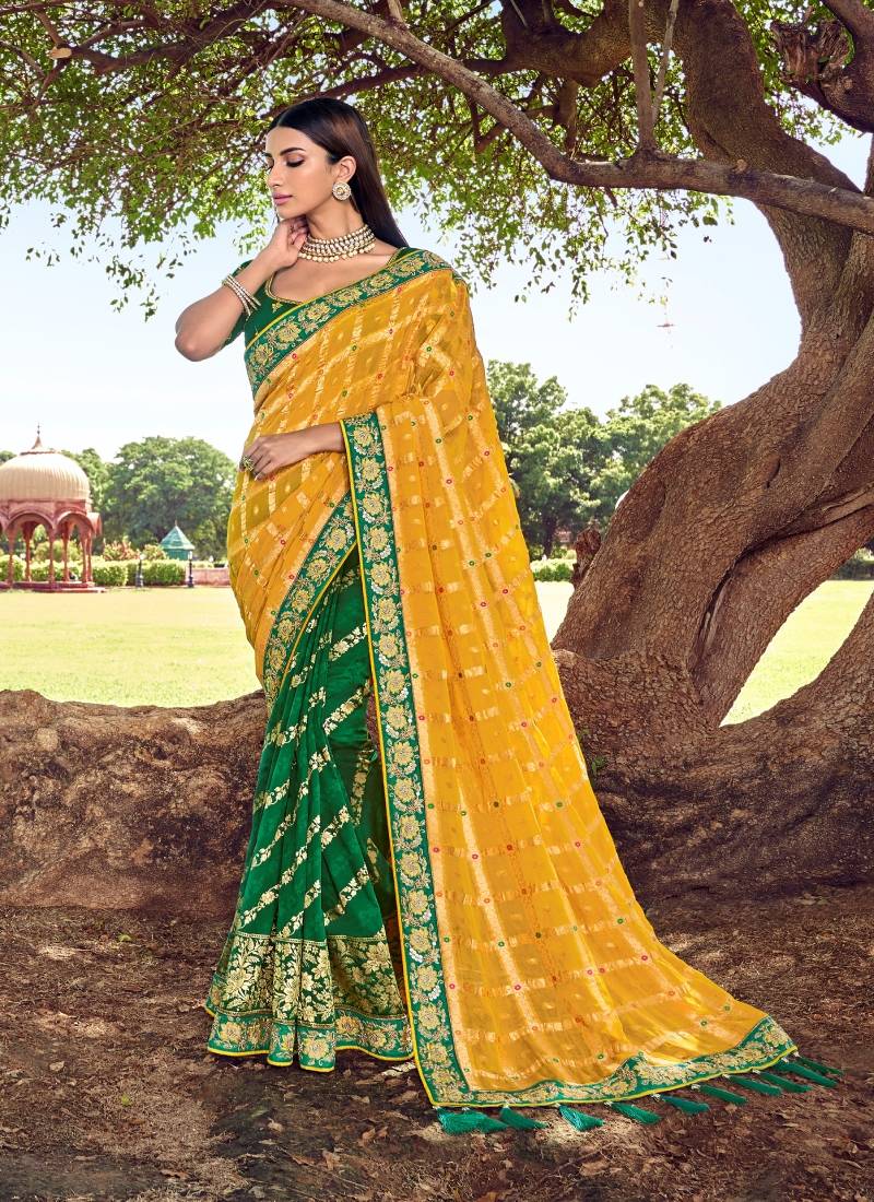 Yellow Embroidered Silk Blend Saree With Unstitched Blouse Piece