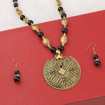 Silvershine Designer Adjustable  Fancy Look Gold Oxidised Pendant Black Pearl Mala Set For Women Girl 3
