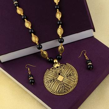 Silvershine Designer Adjustable  Fancy Look Gold Oxidised Pendant Black Pearl Mala Set For Women Girl 4