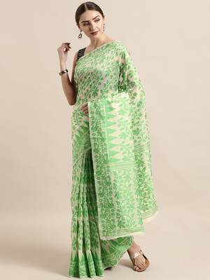 Cream Woven Cotton Poly Saree With Blouse 1