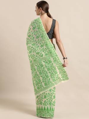 Cream Woven Cotton Poly Saree With Blouse 2