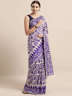 Cream woven cotton poly saree with blouse 1