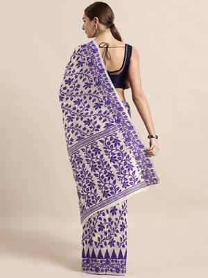 Cream woven cotton poly saree with blouse 2