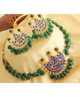 Beautiful Gold Tone Blue Green Moon Choker Necklace Set 1