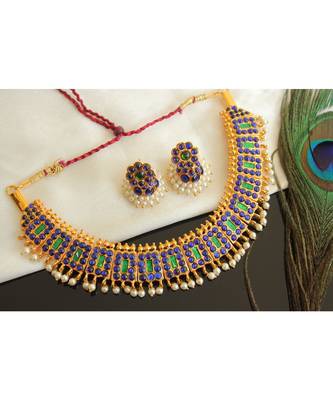 Beautiful Gold Tone Blue Green Designer Poothali Necklace Set 1