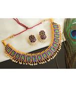 Beautiful Gold Tone Blue Green Designer Poothali Necklace Set