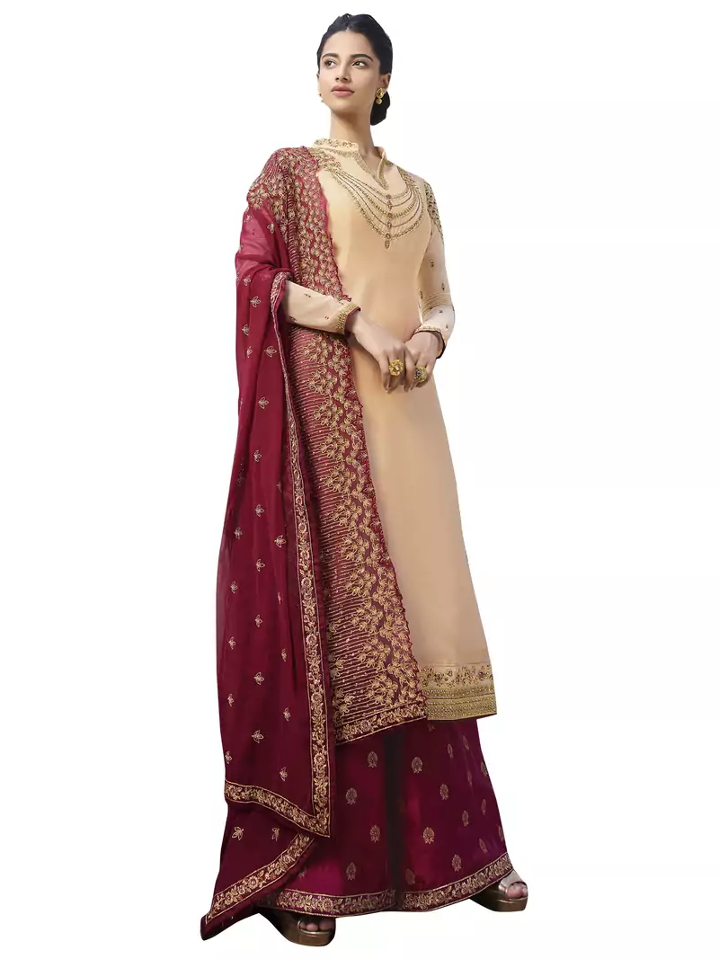 Beige embroidered satin salwar