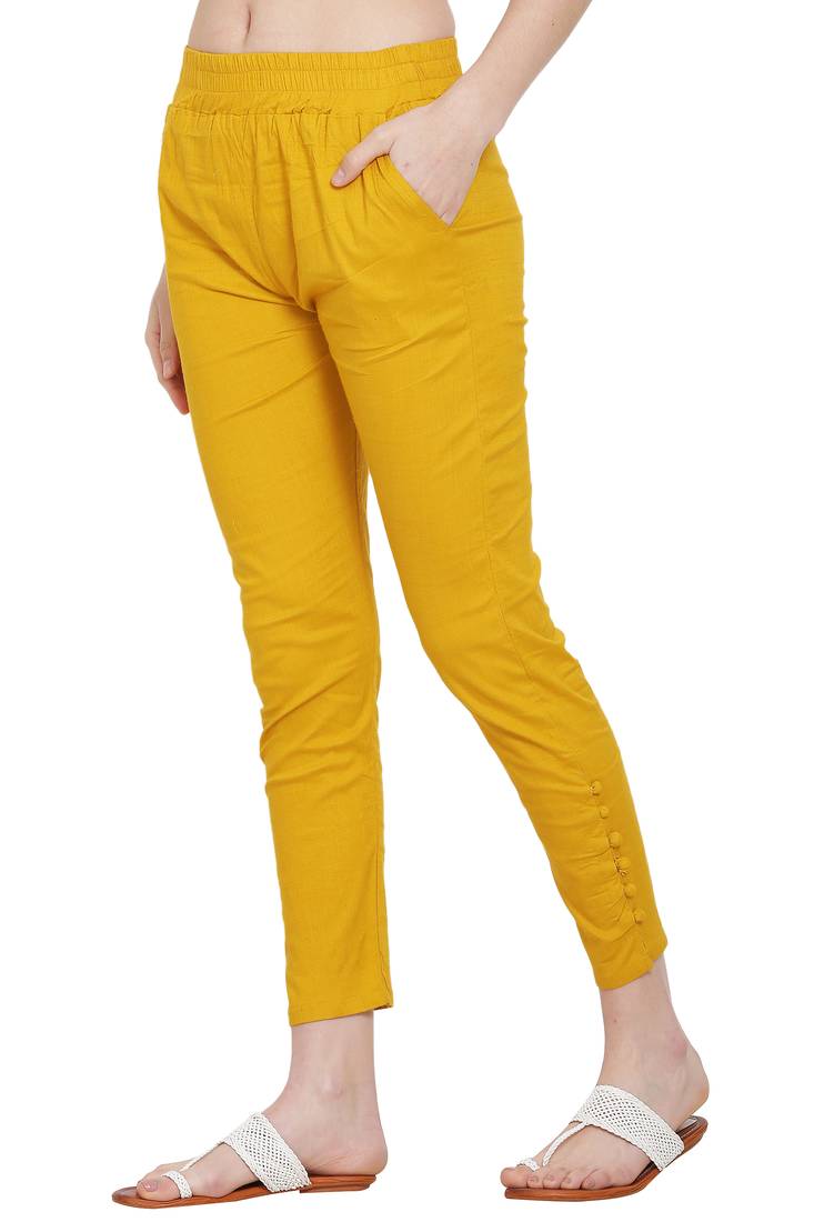 Mustard Color Slub Cotton Stretchable potli Button Pant - ASMAANI - 3208165